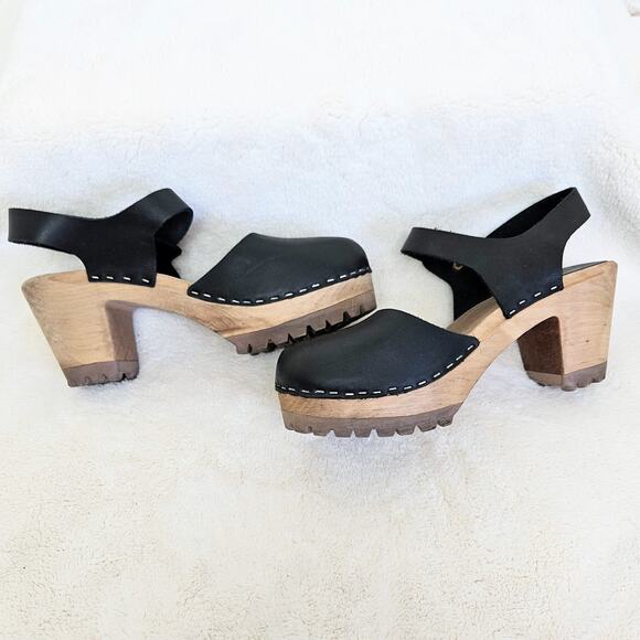 Mia Abba Wood Swedish Clog Platform Sandals Black Leather Size EU 38 US 7.5/8 - Picture 6 of 8